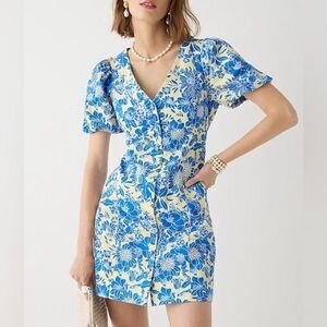J. Crew Floral Patterned Dress in Blue and Yellow Puff Sleeve Size 8
